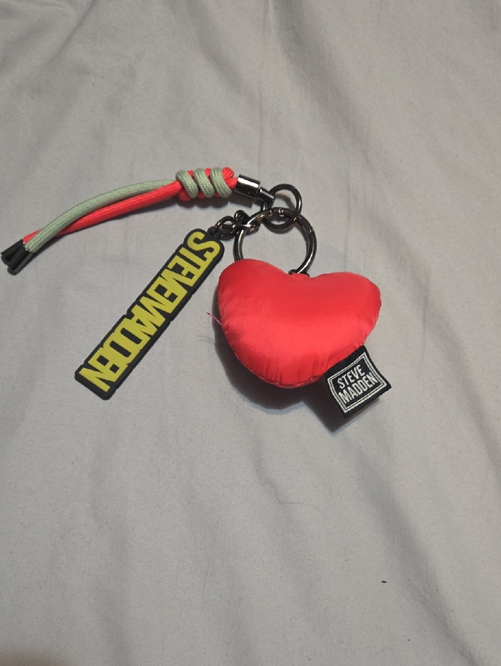 Steve Madden Neon Red Heart Keychain with Yellow Logo Tag